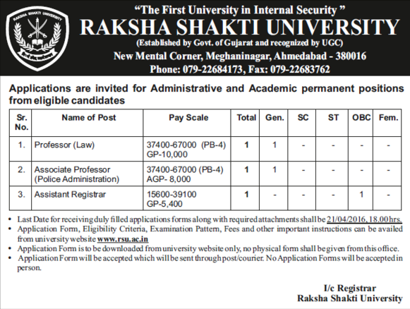 Raksha Shakti University Recruitment 2016