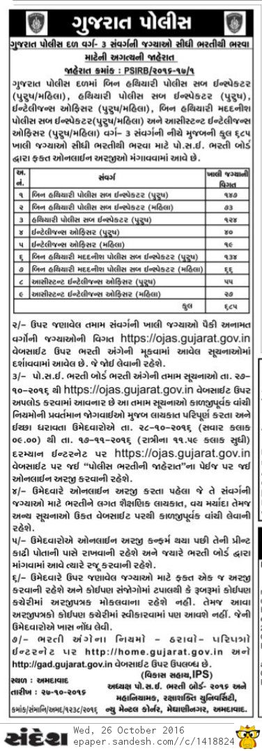 Gujarat Police 685 PSI ASI Recruitment 2016